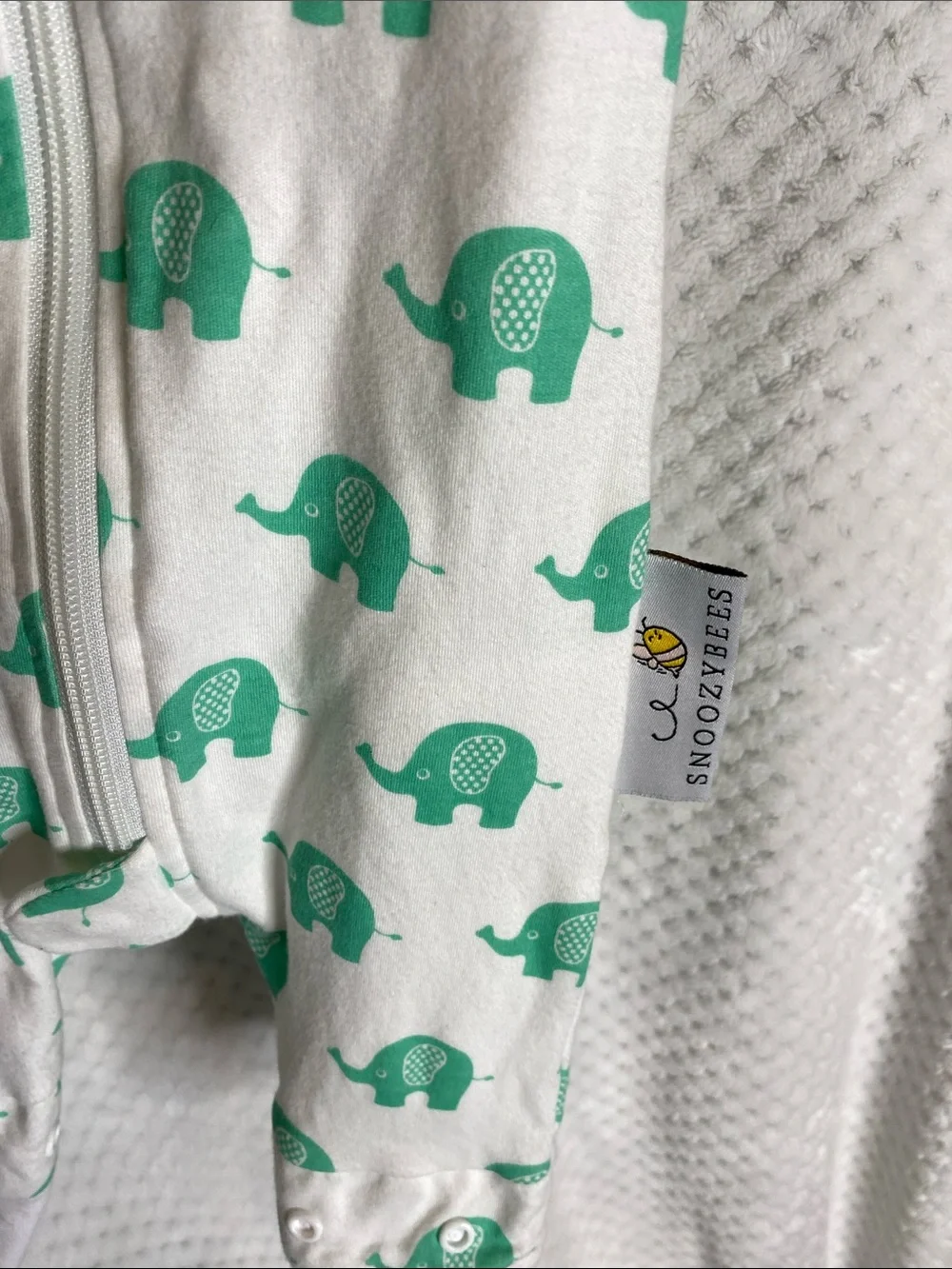 SnoozyBees White Baby One Piece with Mint Green Elephant Print